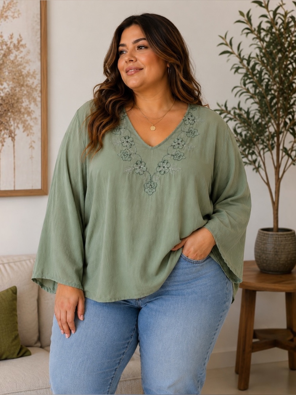 Uniti Casuals 3X Sage Green Embroidered Peasant Blouse Boho Tunic Top